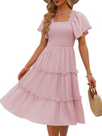 Robe midi Valentina pour femme – Encolure carrée, smock, manches volantées en ligne A