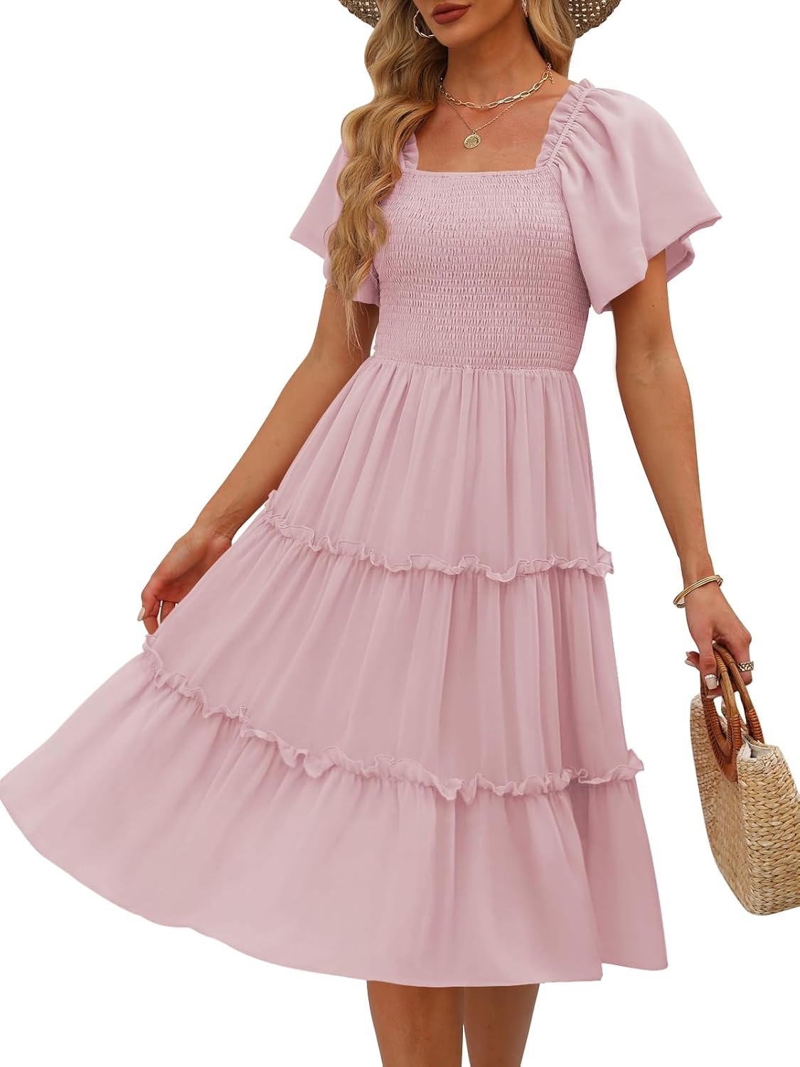 Robe midi Valentina pour femme – Encolure carrée, smock, manches volantées en ligne A