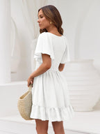 Mani Vestido Mujer Mini – Escote en V, Mangas Flutter, Fruncido, Bolsillos Verano Chic