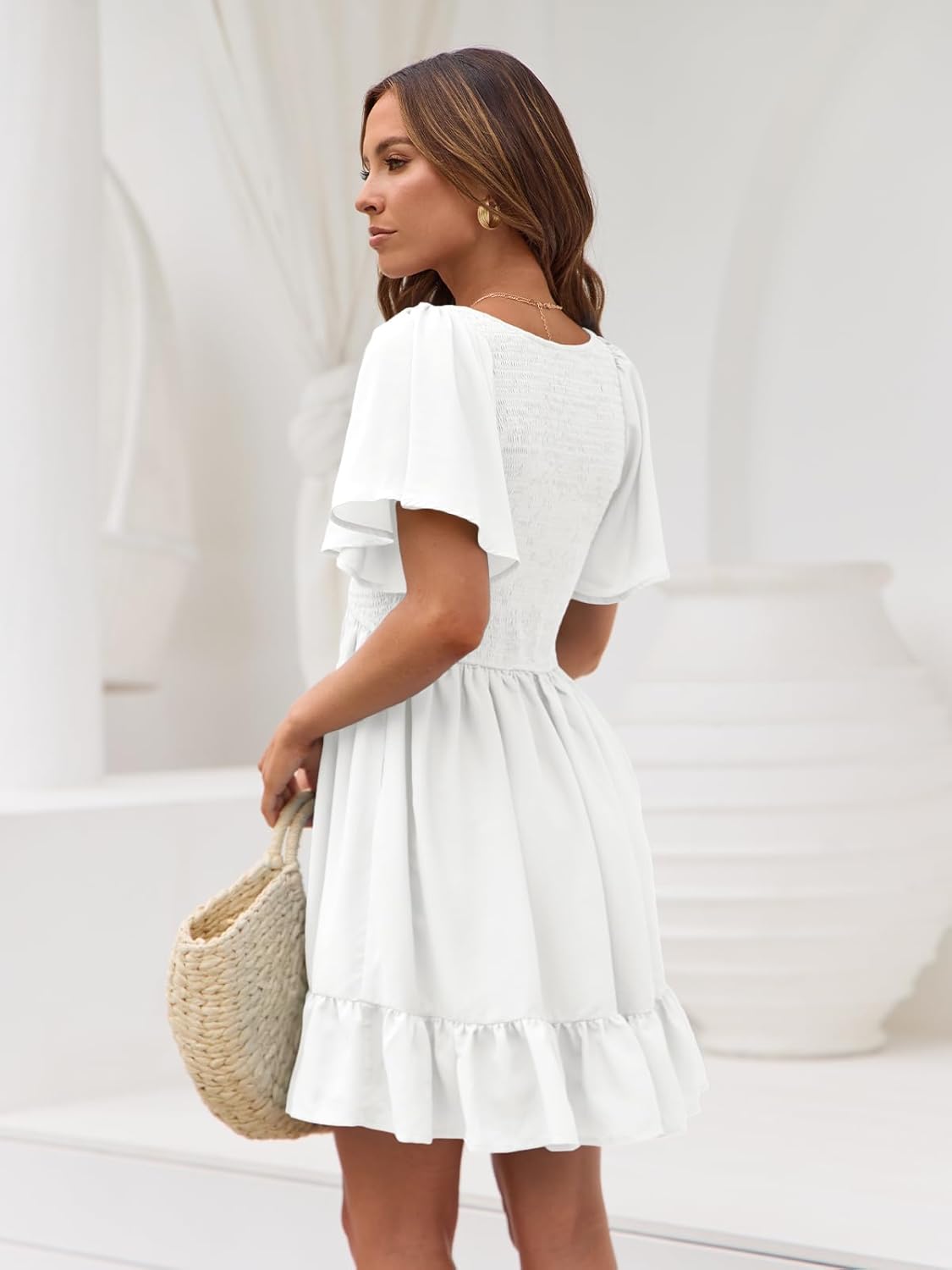 Mani Vestido Mujer Mini – Escote en V, Mangas Flutter, Fruncido, Bolsillos Verano Chic