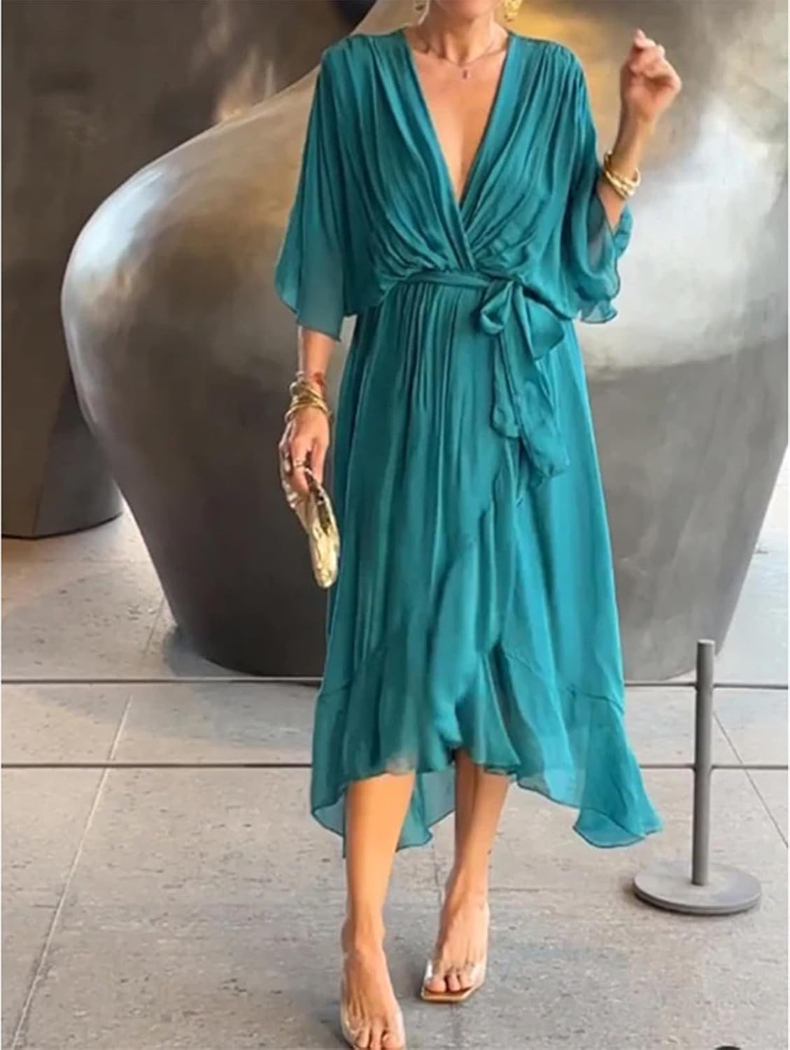Alessia Vestido Elegante para Mujer – Vestido Maxi con Escote en V y Cintura Alta