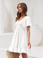 Mani Vestido Mujer Mini – Escote en V, Mangas Flutter, Fruncido, Bolsillos Verano Chic
