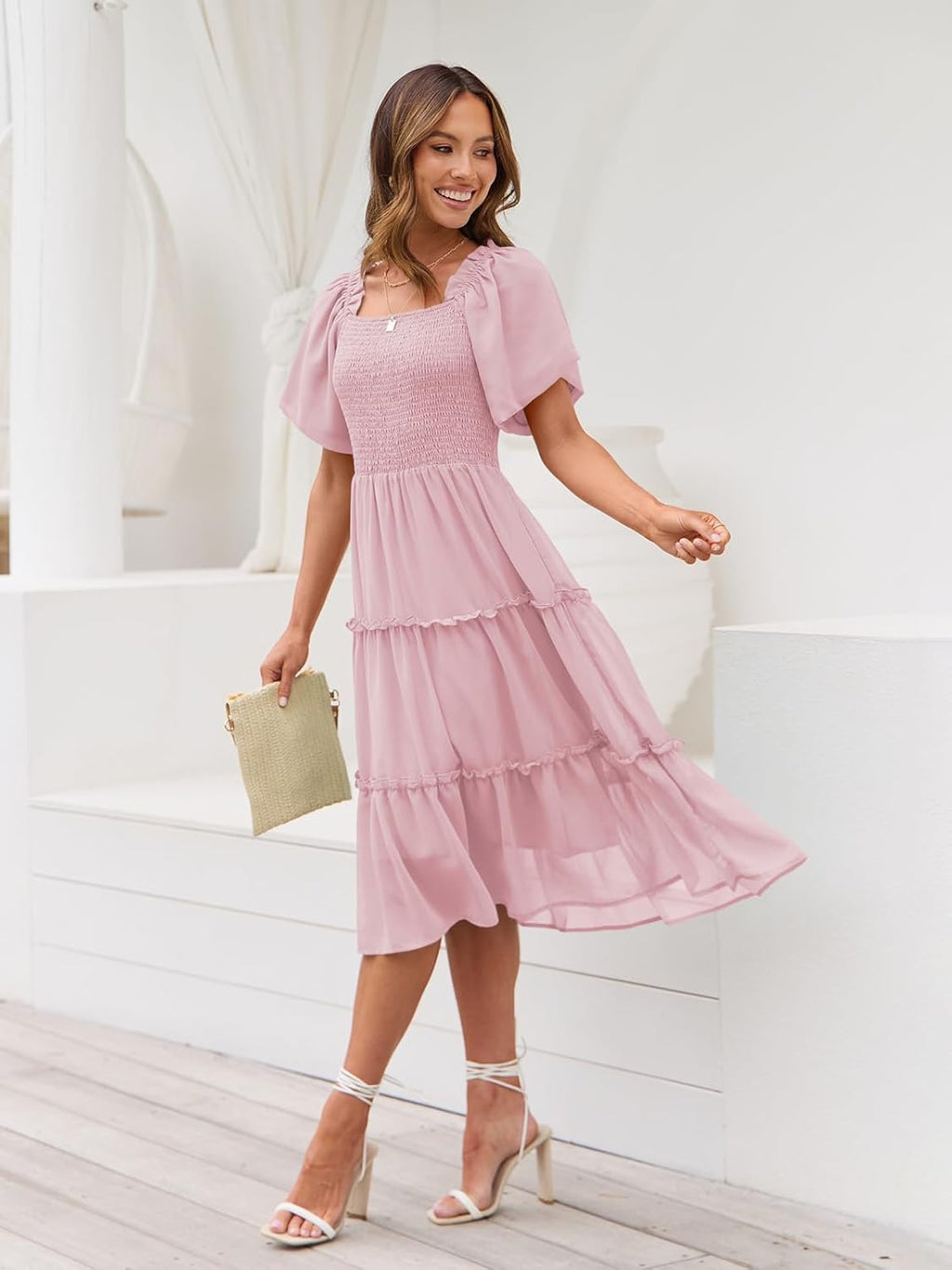 Robe midi Valentina pour femme – Encolure carrée, smock, manches volantées en ligne A