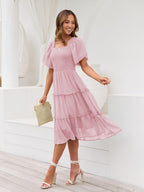 Robe midi Valentina pour femme – Encolure carrée, smock, manches volantées en ligne A
