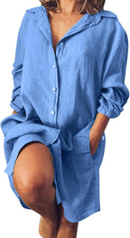 Giada Vestido Camisa para Mujer – Vestido Maxi Casual de Algodón y Lino con Cuello