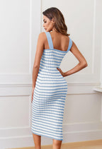 Noemi Robe Midi Femme – Bodycon Rayé, Col Carré, Tricot Élastique