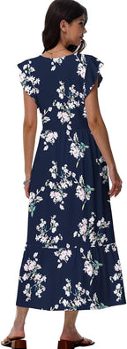 Sonya Robe Florale pour Femme – Robe Midi d'Été avec Col en V et Poches