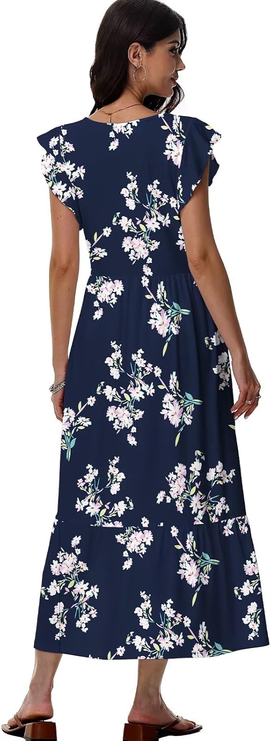 Sonya Robe Florale pour Femme – Robe Midi d'Été avec Col en V et Poches