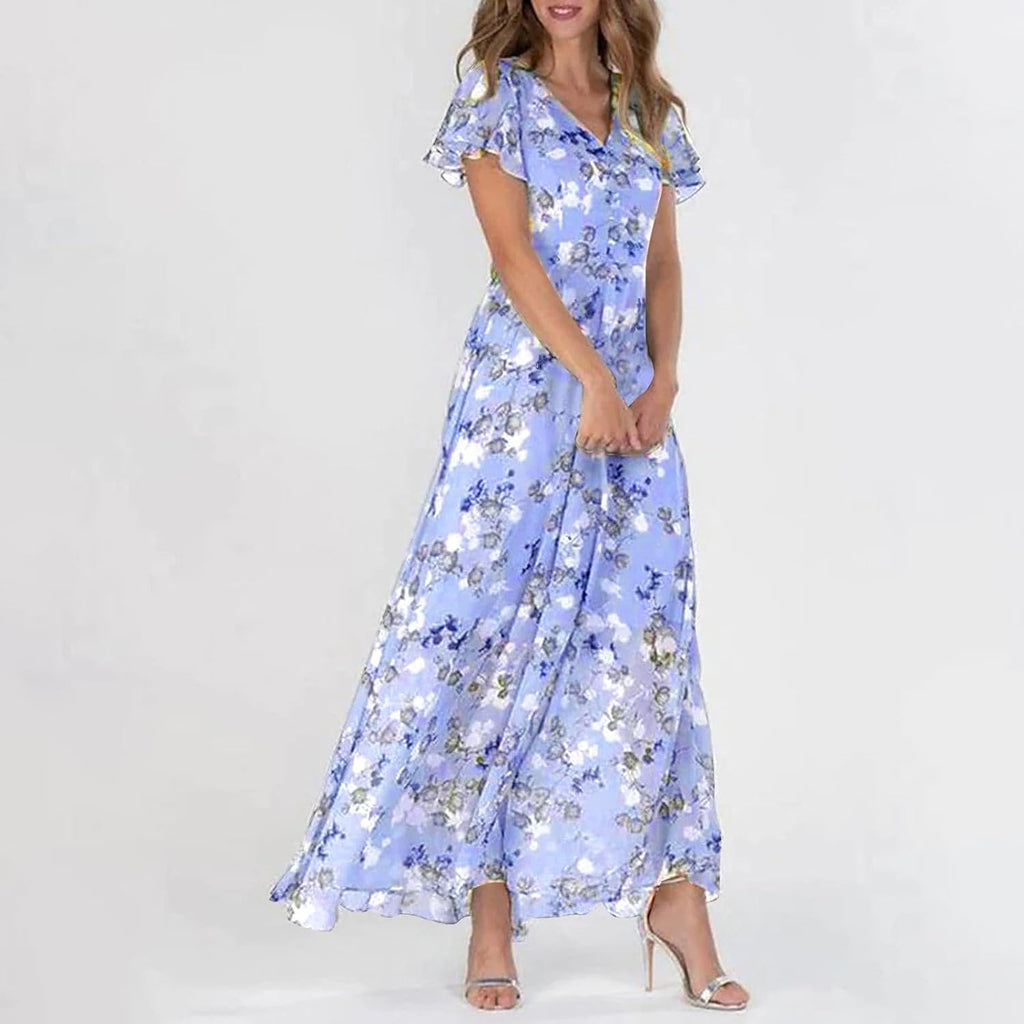 Giulia Robe Femme Maxi Florale – Col en V, Manches Volantées Bohème Élégante d'Été