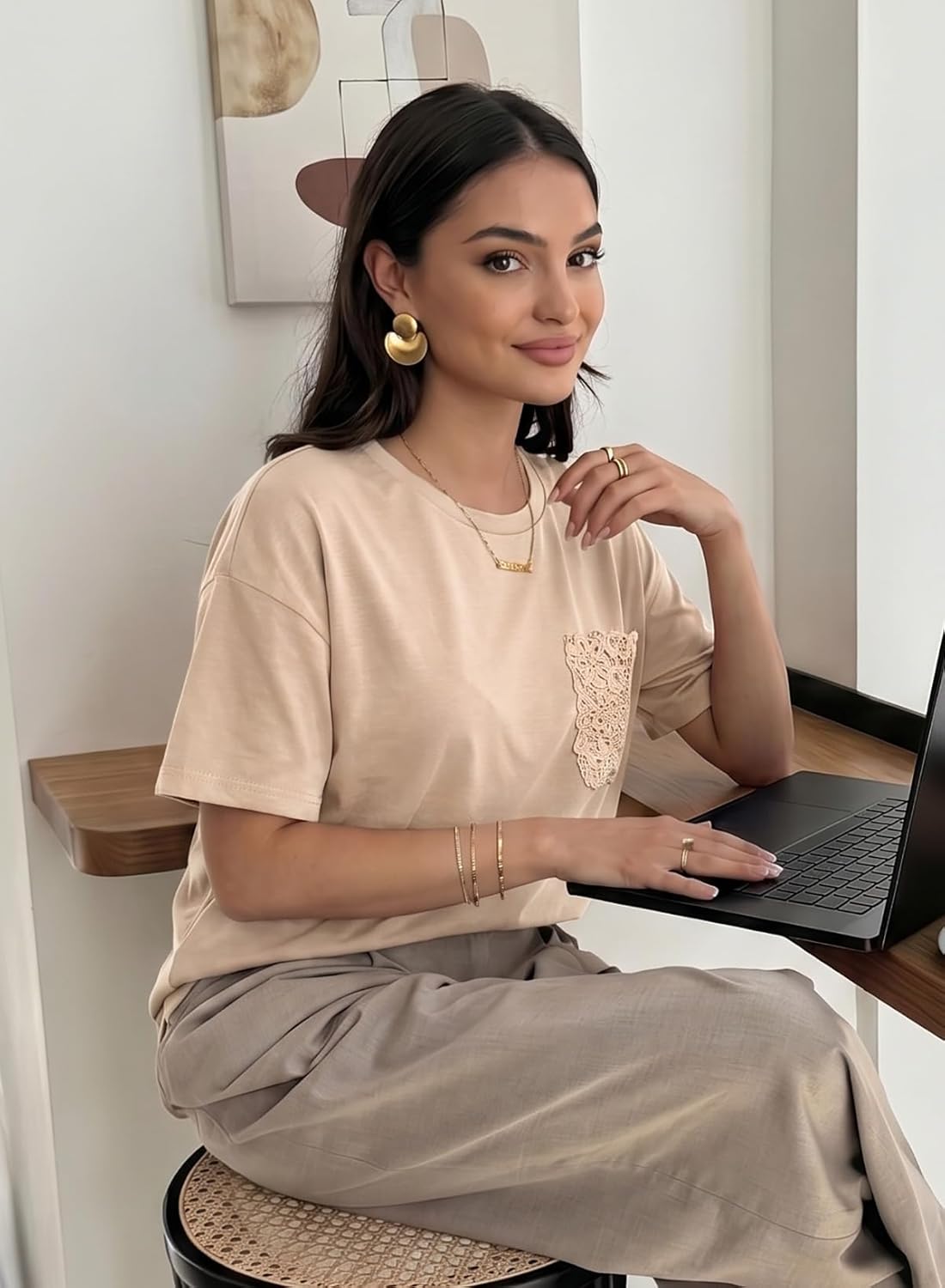 T-shirt Giulia Femme – Oversize avec Poche en Dentelle, Manches Courtes Décontractées d'Été