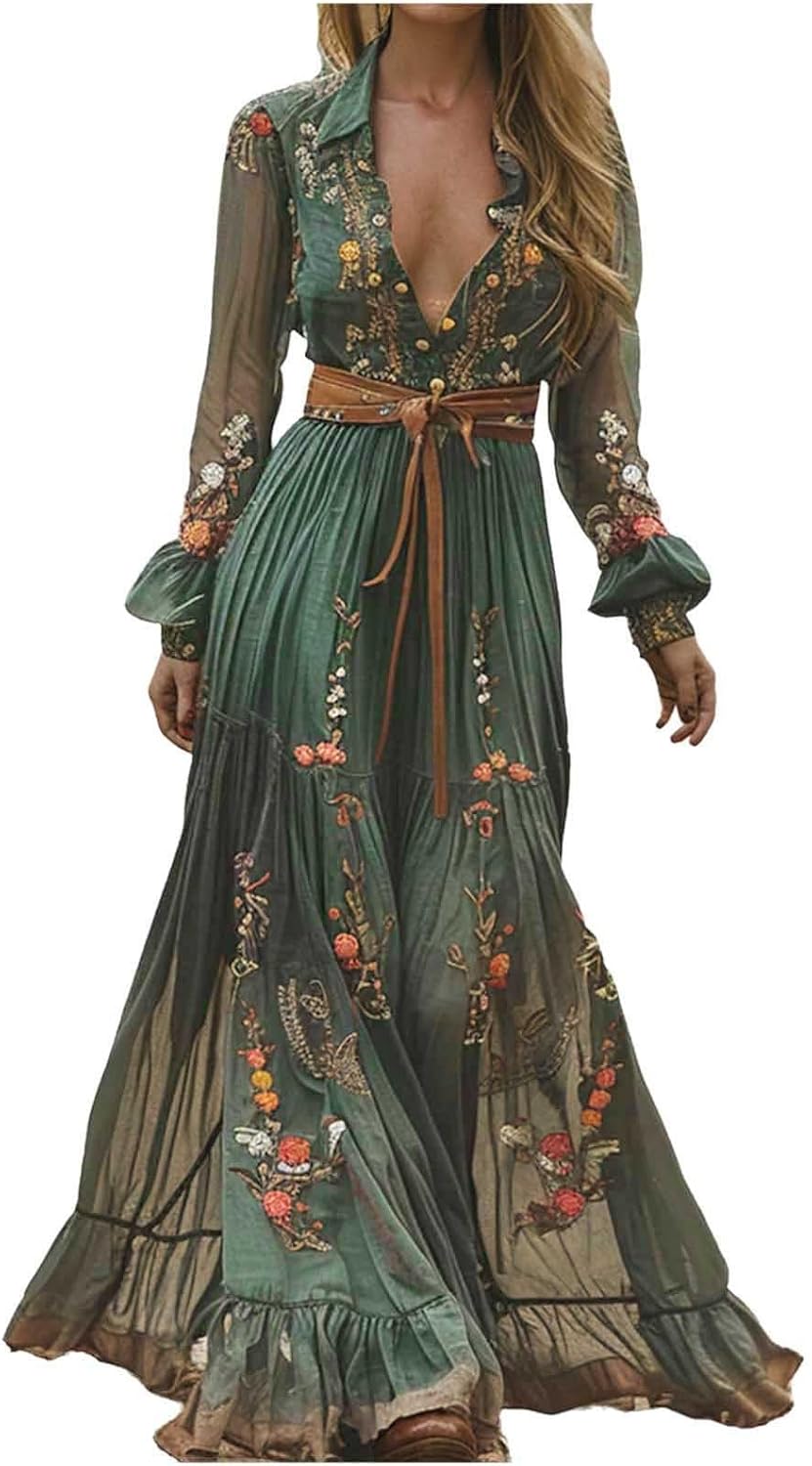 Mirabella Robe Femme – Robe Longue Florale, Col V, Taille Haute, Élégante d'Été