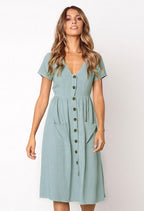 Meden Robe Femme Midi – Col en V, Boutons Décoratifs, Coupe A, Poches, Estivale