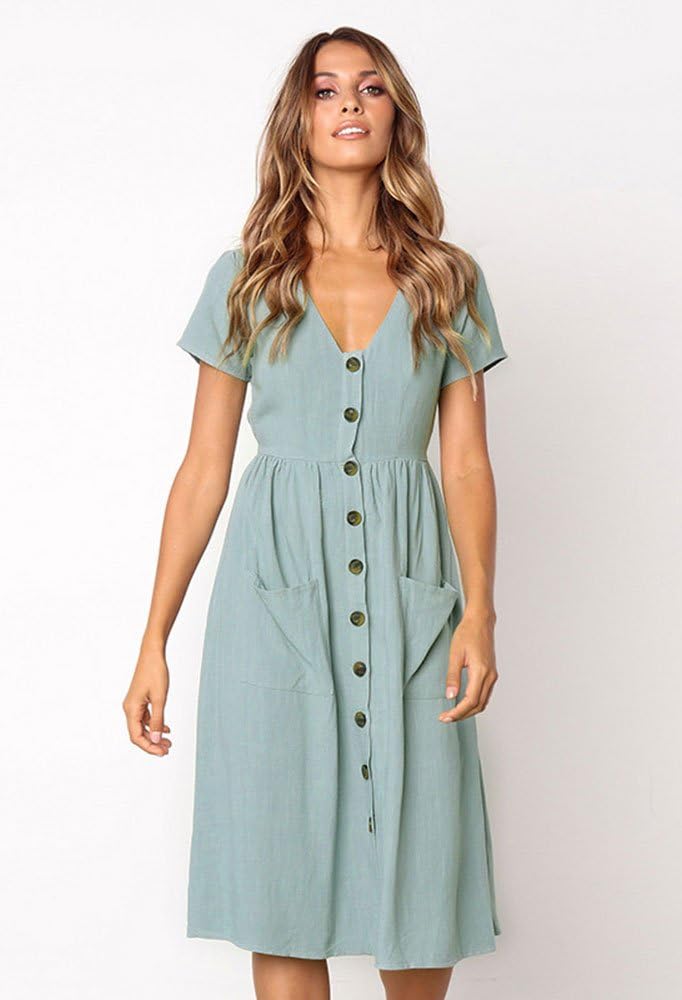 Laura Robe Midi Femme – Robe d'Été Décontractée avec Poches et Col en V