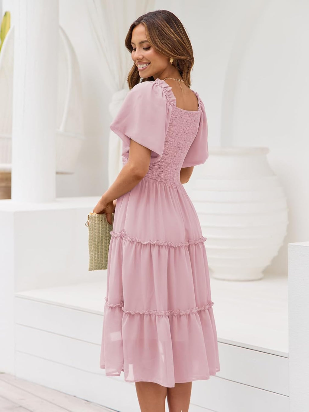 Robe midi Valentina pour femme – Encolure carrée, smock, manches volantées en ligne A
