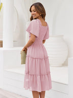 Robe midi Valentina pour femme – Encolure carrée, smock, manches volantées en ligne A