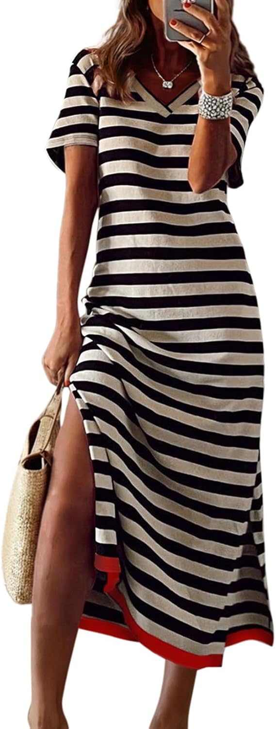 Chiara Robe Femme Maxi – Rayures, Fente Latérale, Manches Courtes, Décontracté Estival
