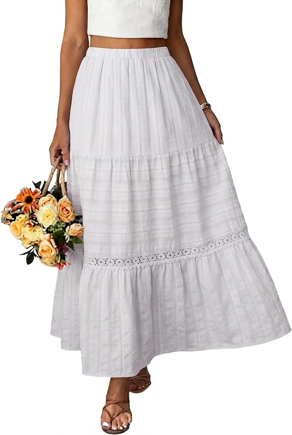 Breilla Jupe Maxi Femme Bohème – Jupe Longue en Coton avec Détails en Dentelle Crochet