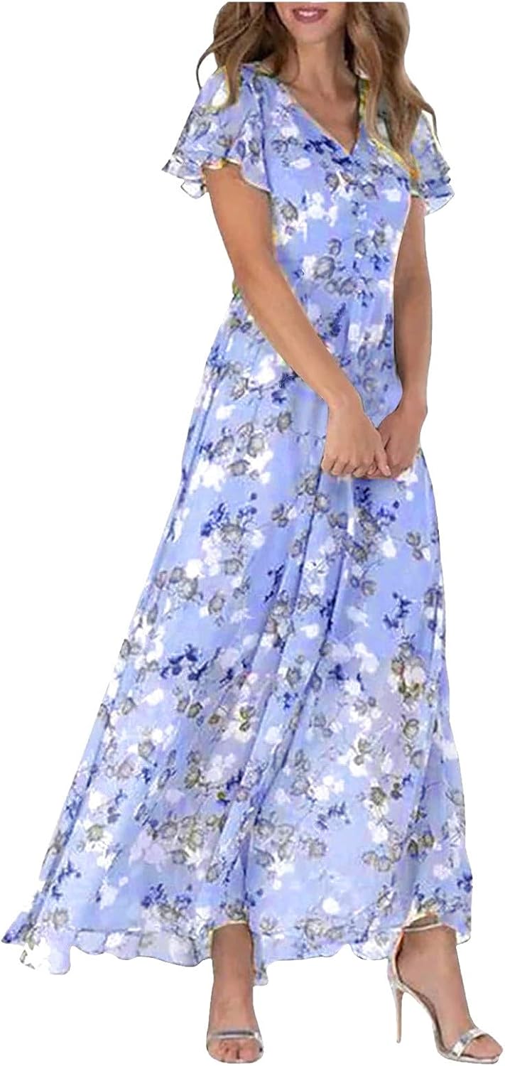 Giulia Robe Femme Maxi Florale – Col en V, Manches Volantées Bohème Élégante d'Été