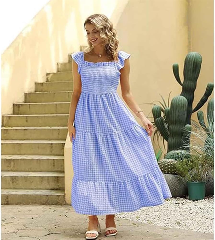 Emma Robe Maxi à Carreaux pour Femme – Robe d'Été avec Corsage Froncé et Poches