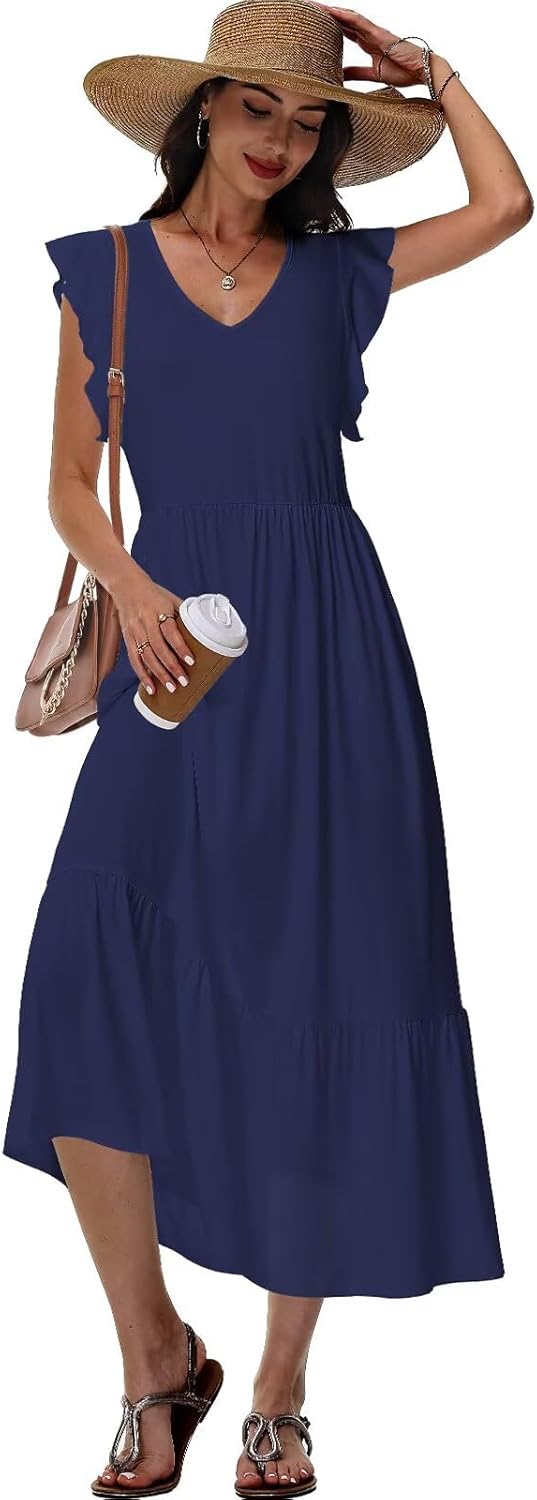 Elena Robe Midi Florale pour Femme – Robe d'Été avec Col en V et Poches