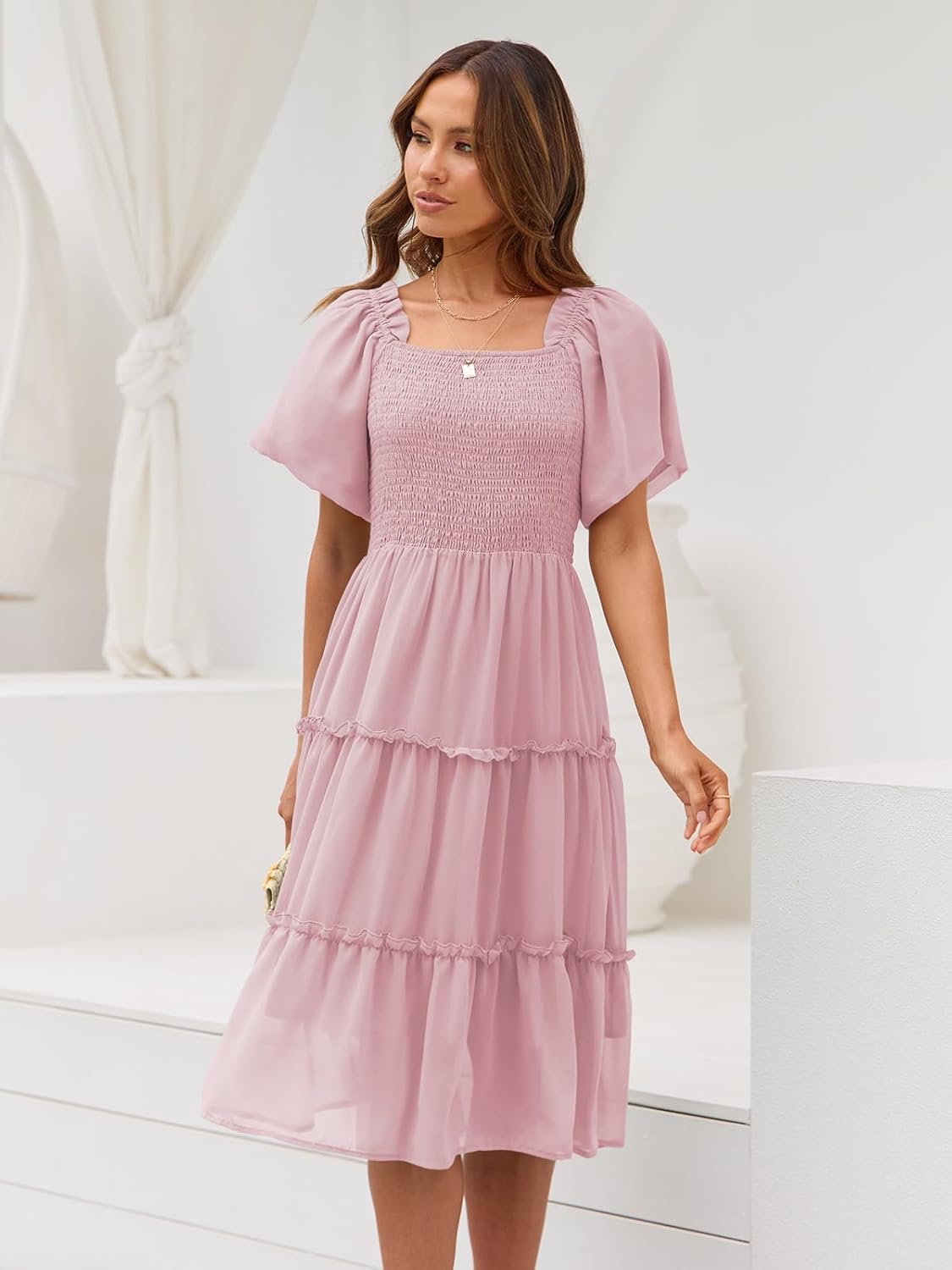 Robe midi Valentina pour femme – Encolure carrée, smock, manches volantées en ligne A