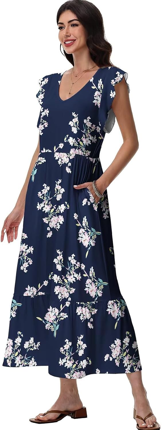 Sonya Robe Florale pour Femme – Robe Midi d'Été avec Col en V et Poches