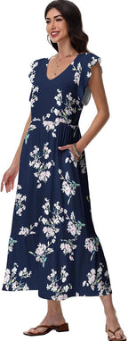 Sonya Robe Florale pour Femme – Robe Midi d'Été avec Col en V et Poches