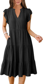 Francesca Robe Midi Femme – Col en V, Manches Volantées, Boho Ligne A Estivale