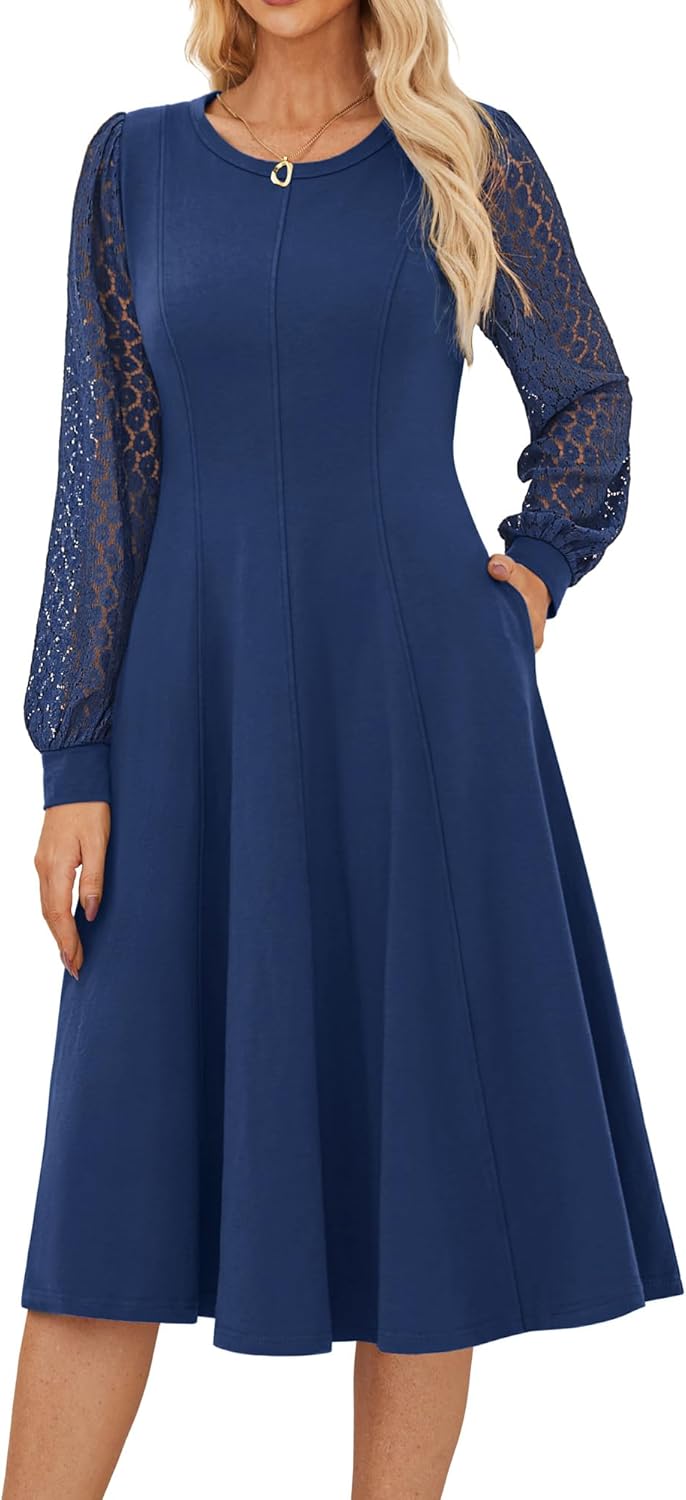 Karin Robe Femme Midi Élégante – Manches en Dentelle, Col Rond, Ligne A Décontractée Chic