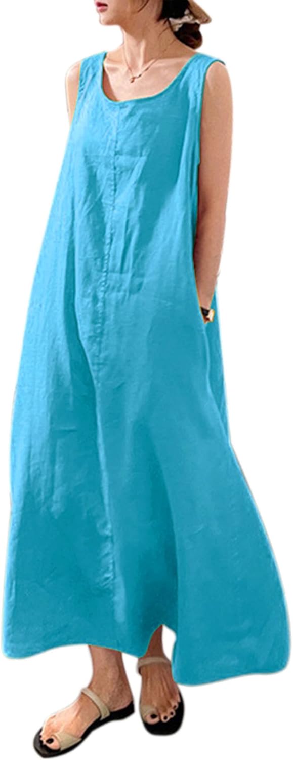 Elisa Robe Longue en Coton pour Femme – Robe d'Été Décontractée Sans Manches avec Poches