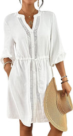 Elisa Robe de Plage Femme – Paréo Col V, Boutons, Cordon avec Poches