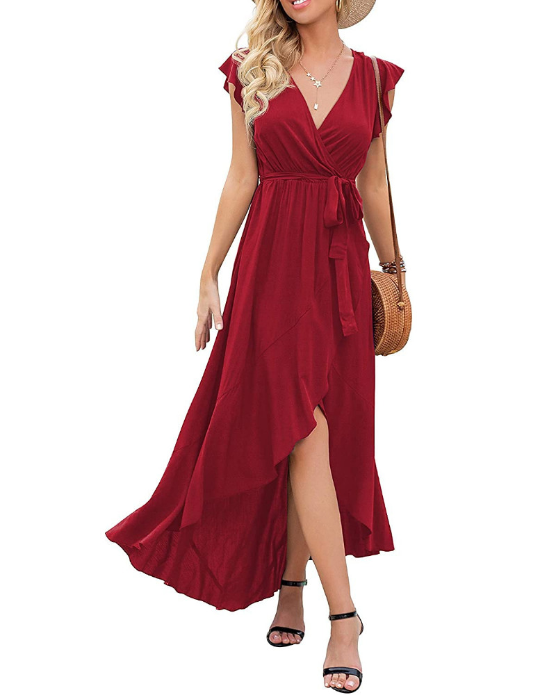 Avery Vestido largo de mujer estilo bohemio – escote en V cruzado y bajo asimétrico