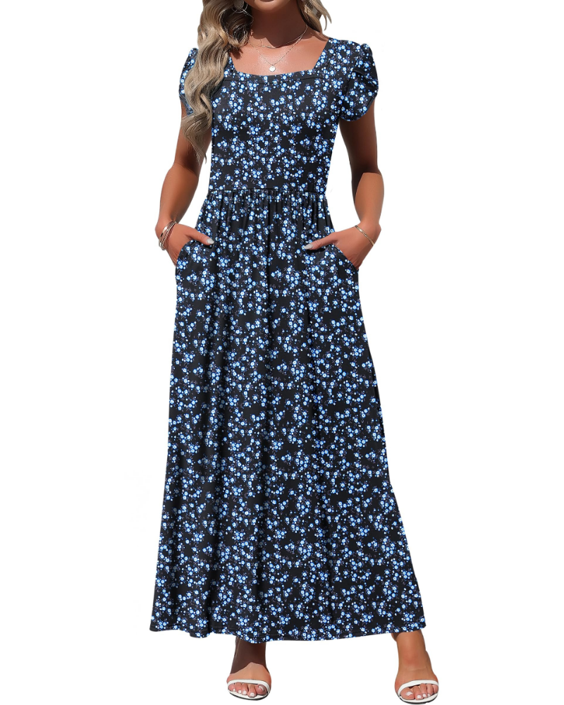 Amelia Vestido largo para mujer – Escote cuadrado, mangas de pétalo y bolsillos laterales