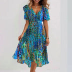 Robe midi bleue Breena pour femme – Robe manches courtes élégante, fluide chic décontracté
