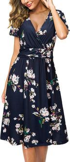Sophie Robe Midi Femme Portefeuille – Col en V, Poches, Robe Florale Élégante