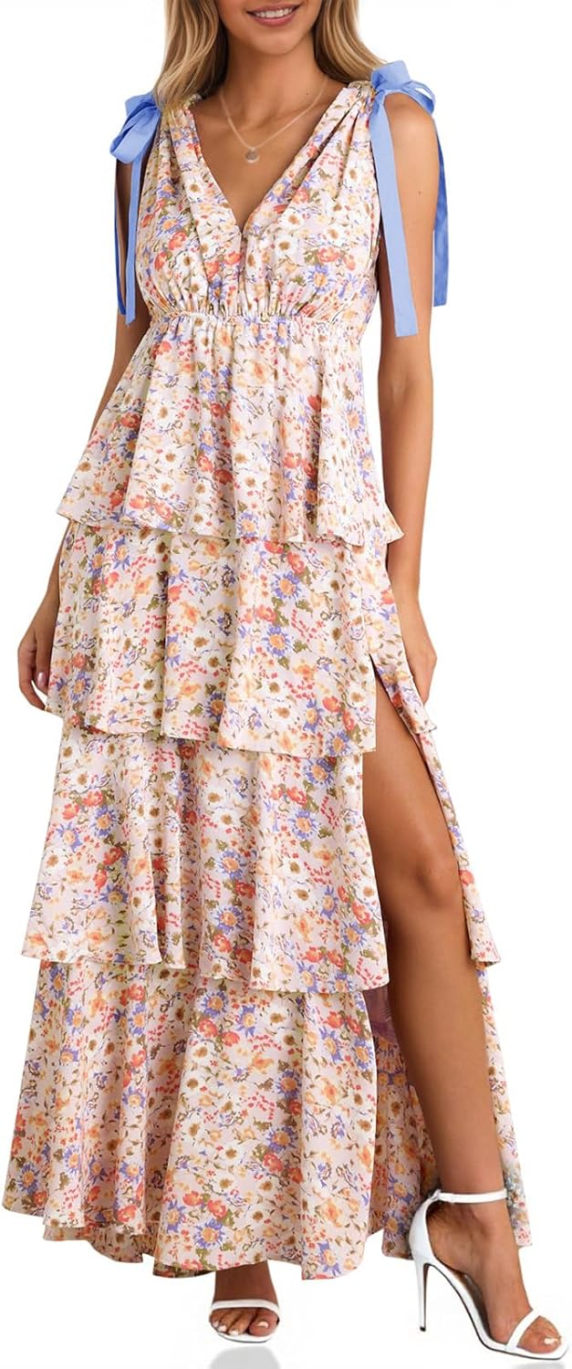 Vestido Maxi Floral Alessia para Mujer – Tirantes Ajustables, Escote en V, Abertura Boho