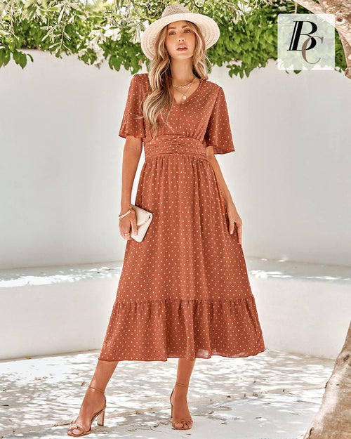 Camilla Vestido Maxi Boho para Mujer – Vestido Elegante Swiss Dot con Escote en V