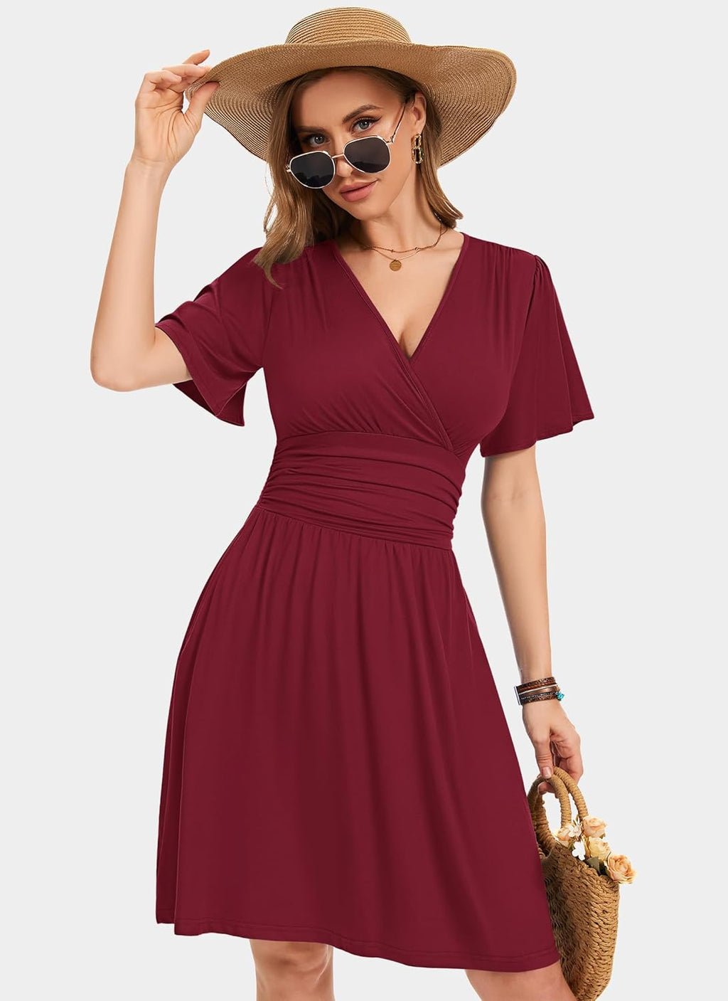 Aileen Abito Estivo Femme – Robe avec Col en V, Manches à Volants et Poches