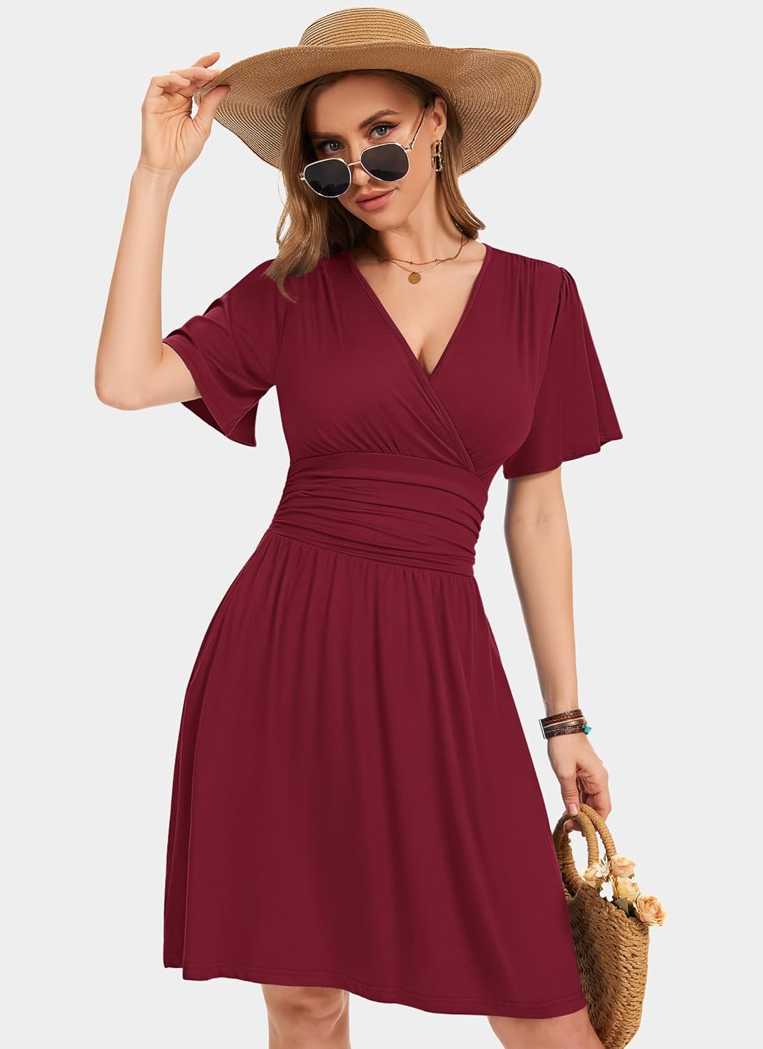 Aileen Abito Estivo Femme – Robe avec Col en V, Manches à Volants et Poches