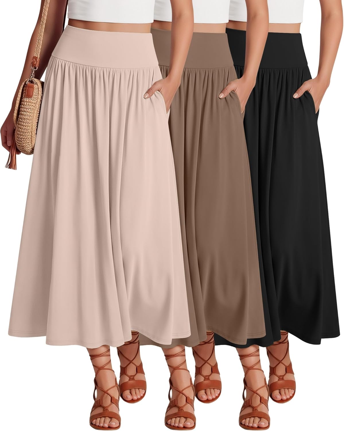 Conjunto Martina 3 Faldas Maxi Mujer – Faldas Largas Plisadas de Cintura Alta con Bolsillos