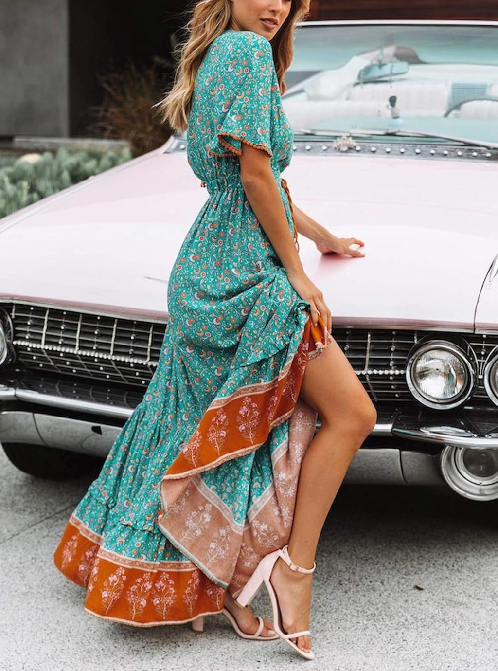 Elisa Robe Femme Maxi Bohème – Col en V Boutons, Robe Florale d'Été Élégante