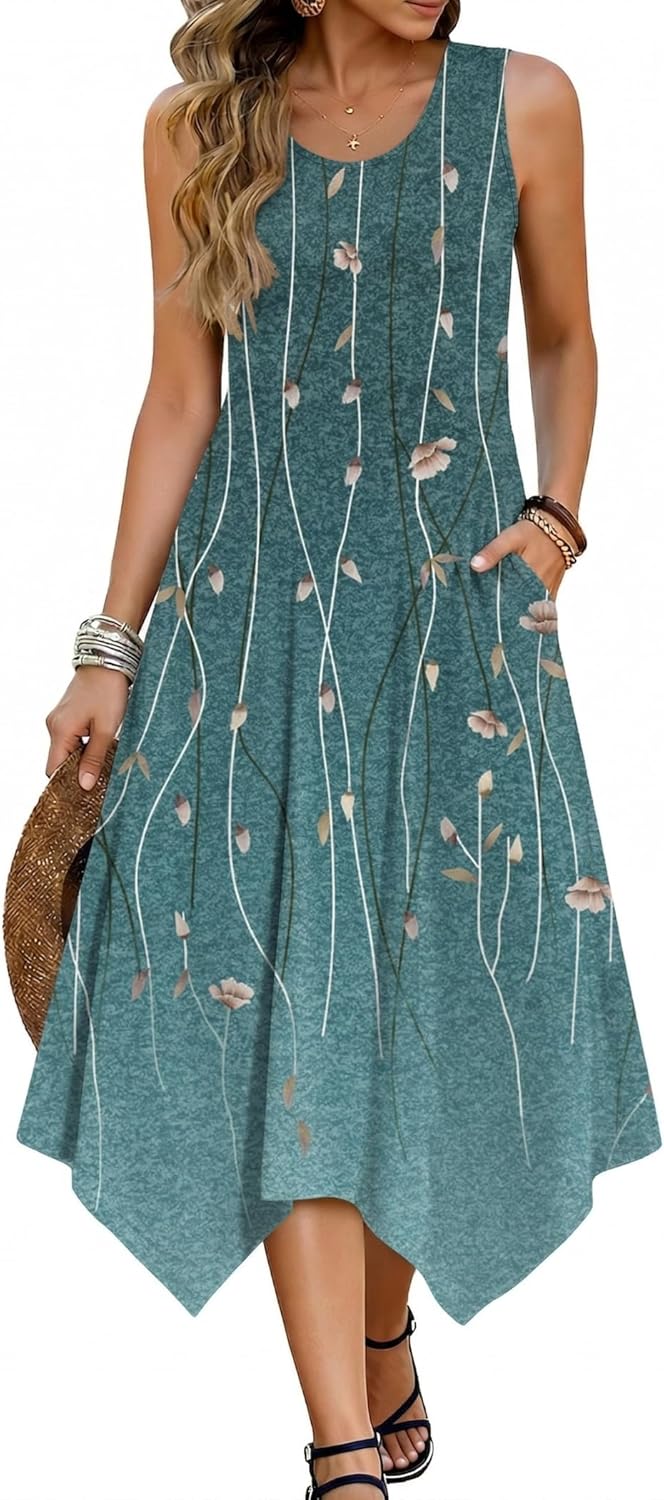 Robe midi bohème pour femme Mara – Florale, ourlet asymétrique, poches d'été
