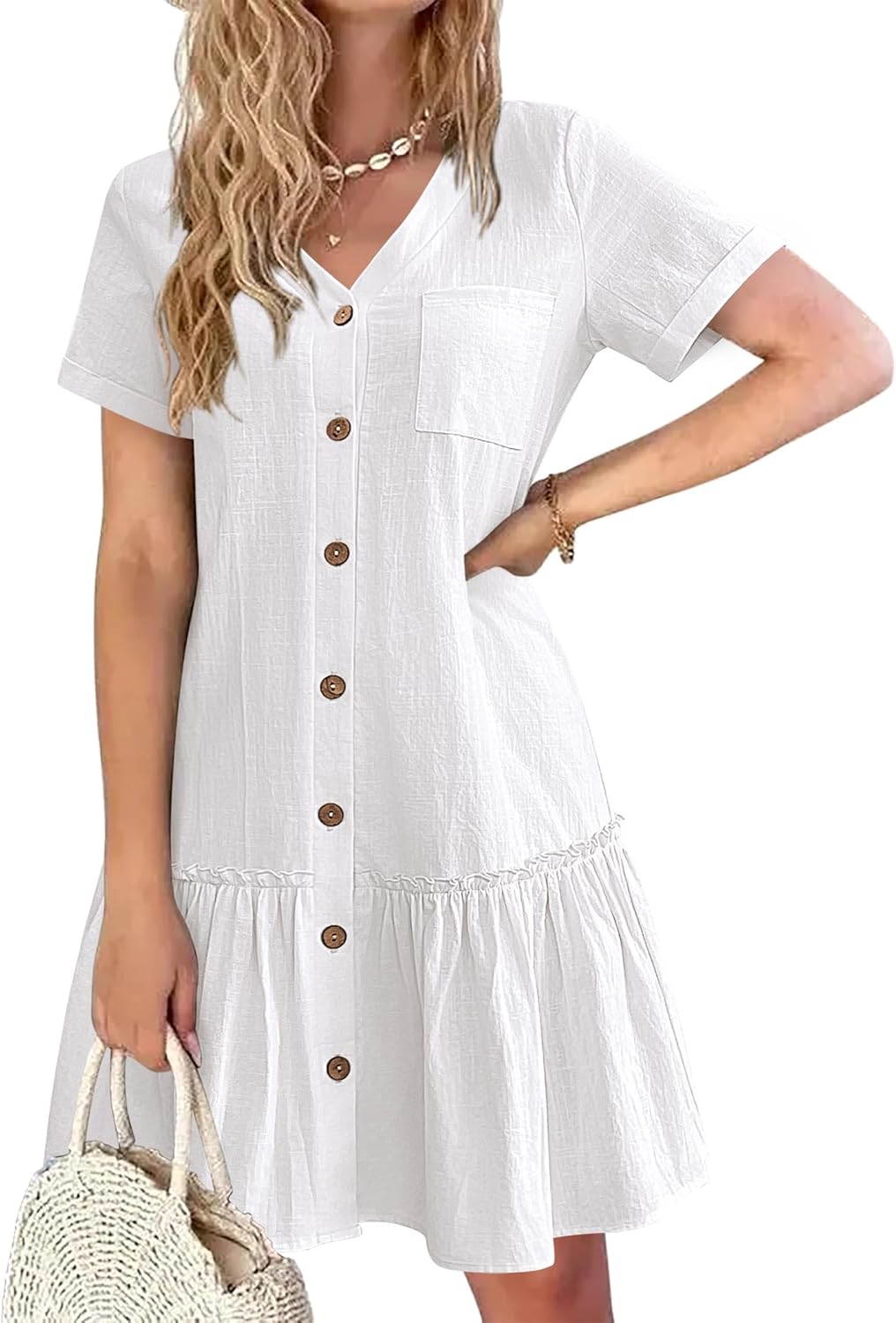 Lorenza Robe Femme – Robe en Lin Coton, Boutons, Volants, Décontractée Élégante