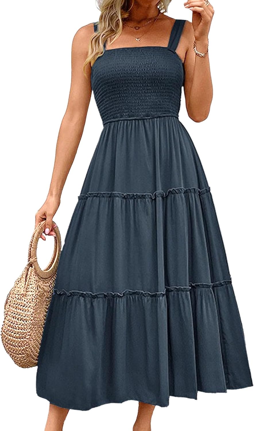 Olivia Robe Maxi d'Été pour Femme – Robe Fluide avec Bretelles Élastiques et Volants