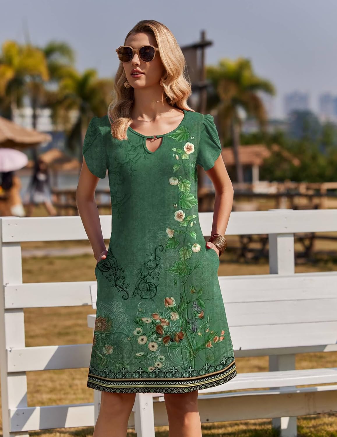 Vestido Midi Floral para Mujer Hanna – Mangas Cortas, Corte A, Bolsillos, Casual de Verano