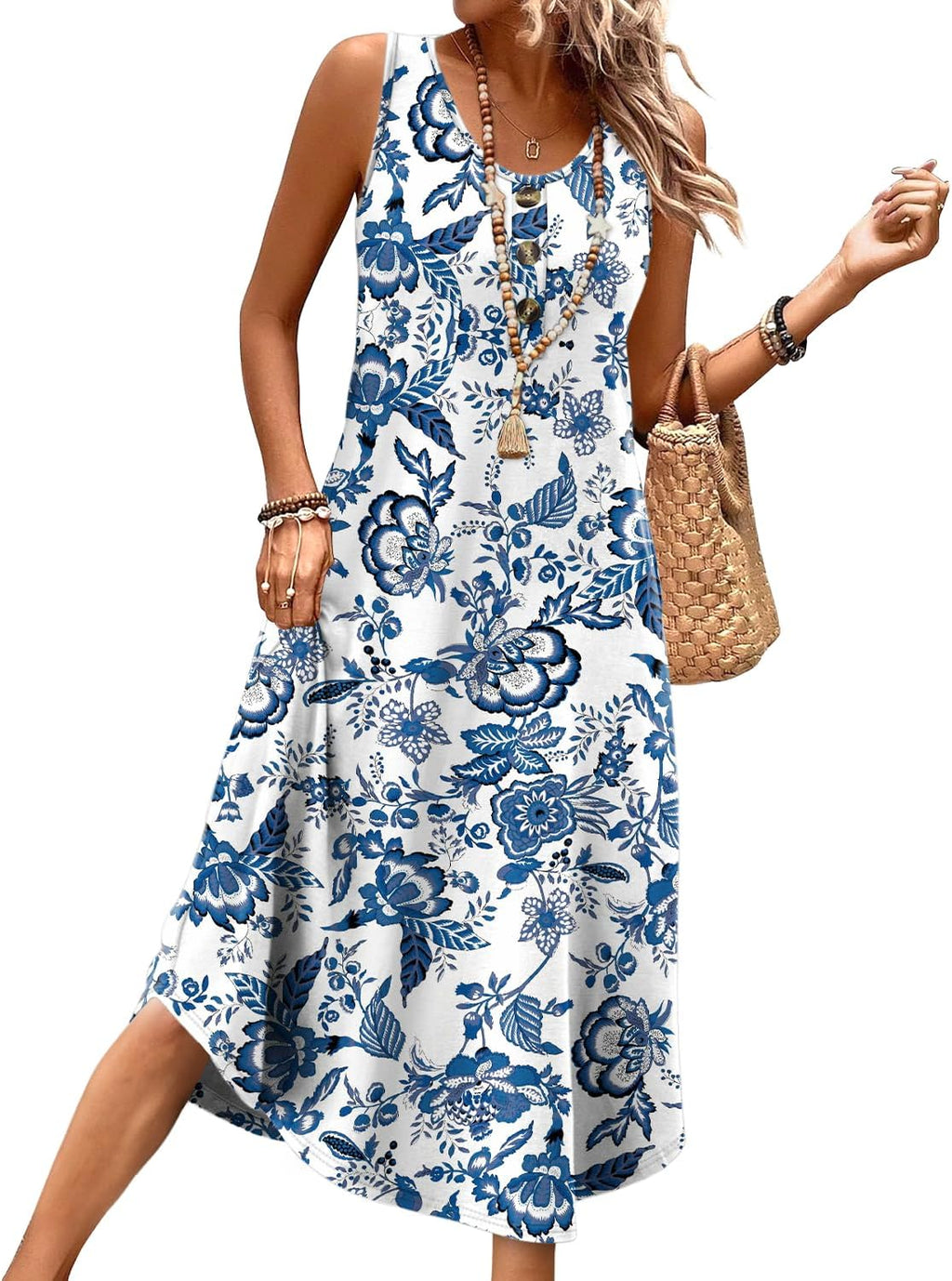 Haidee Robe Femme Midi d'Été – Sans Manches, Boutons Frontaux, Poches Décontractées