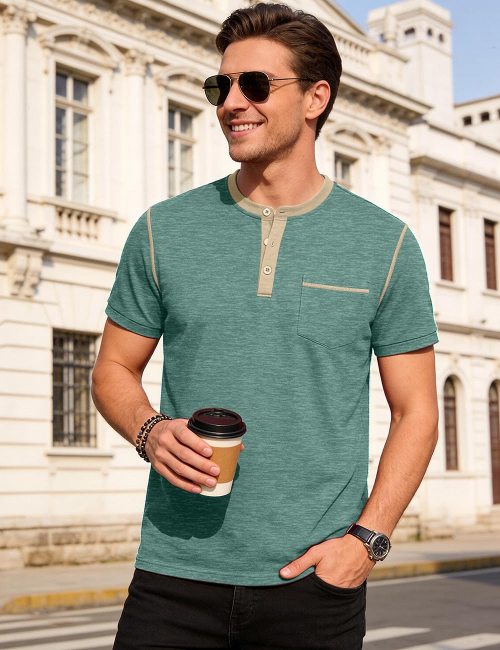 Camiseta Henley Matteo para Hombre – Camiseta Casual de Manga Corta con Botones
