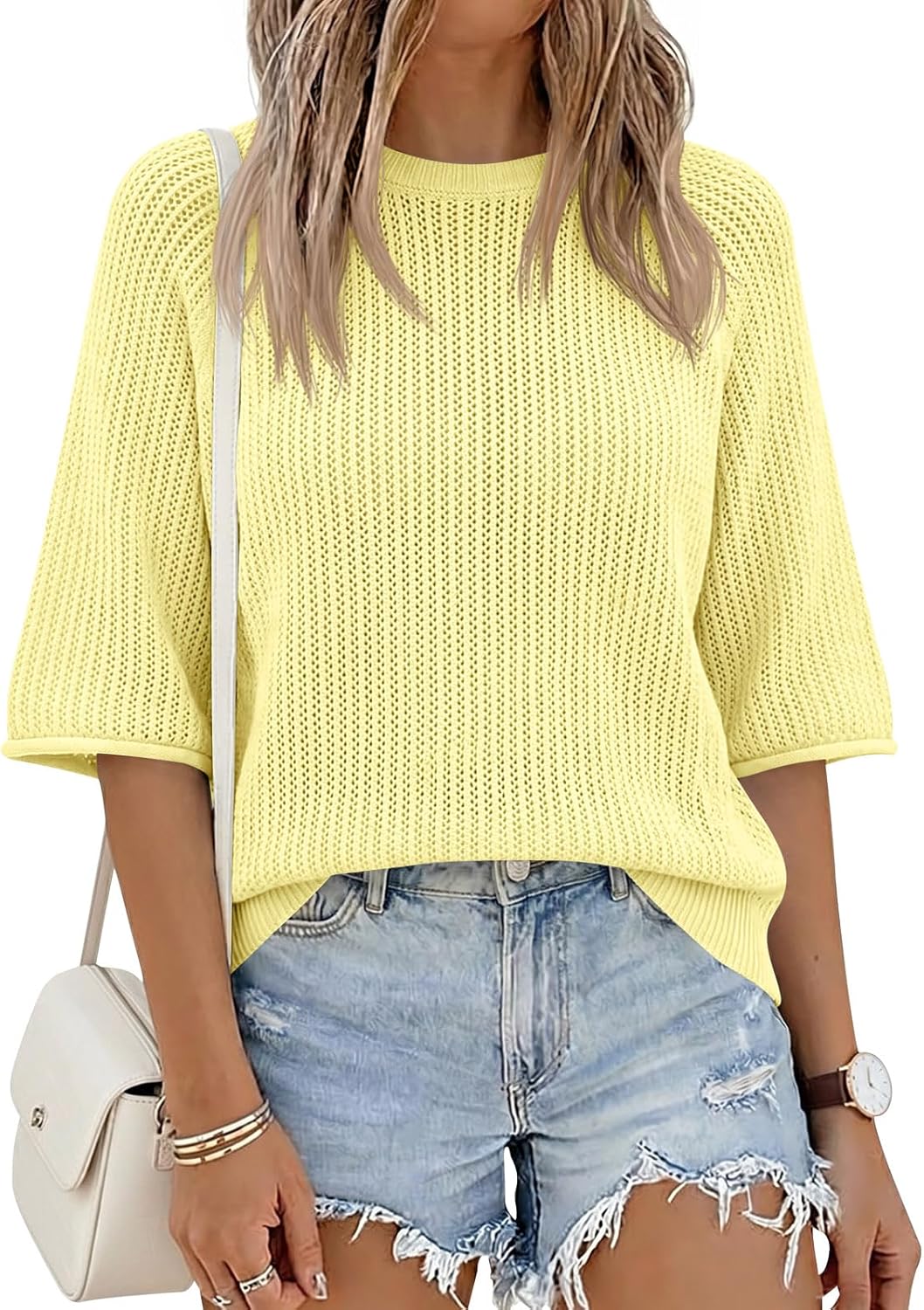 Chiara Camiseta Mujer – Top de Crochet de Verano, Mangas Cortas, Cuello Redondo Casual