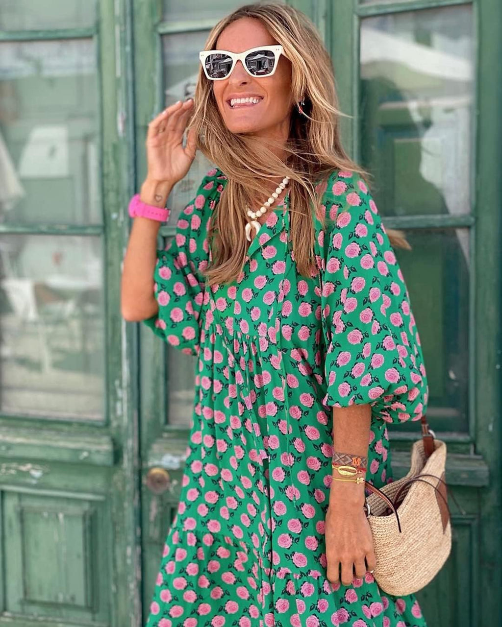 Mandie Robe Femme Maxi Bohème – Décolleté en V Profond, Manches Mi-longues, Coupe A d'Été