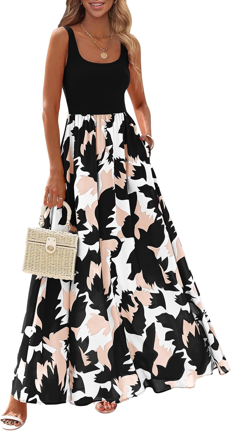 Giulia Robe Femme Maxi Florale – Col U, Sans Manches, Ligne A, Poches Estivale